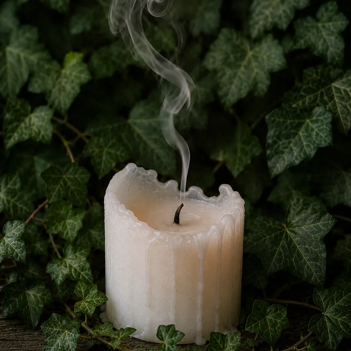 Erloschene Kerze mit Rauch im Efeu