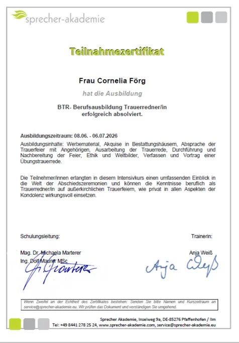 Teilnahmezertifikat der Sprecher-Akademie: Cornelia Förg hat die Berufsausbildung zur Trauerrednerin erfolgreich absolviert.